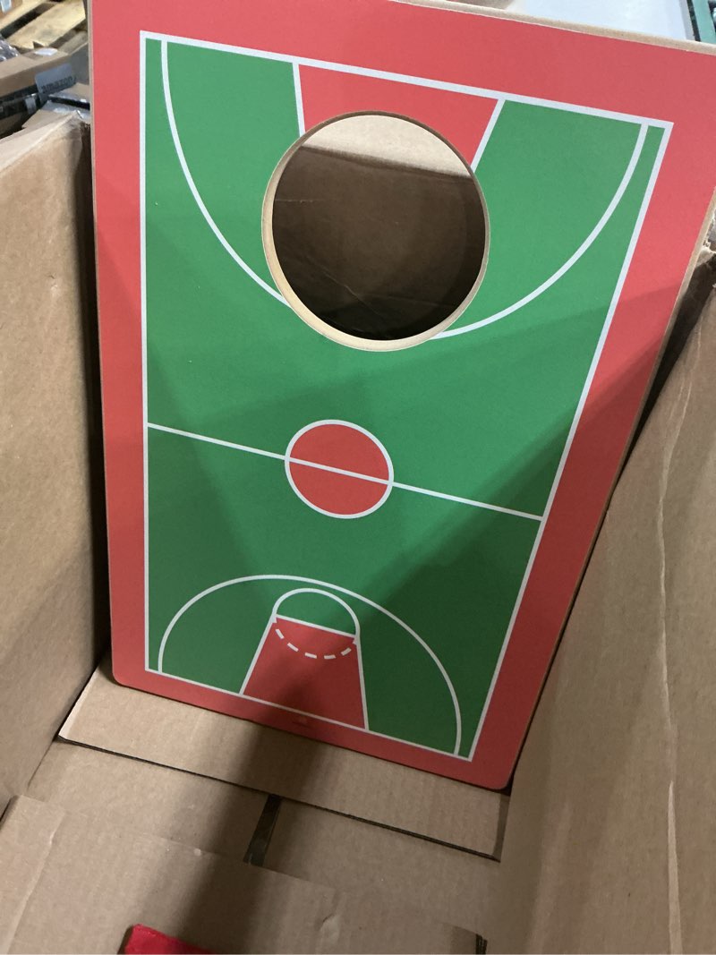 Condition photo showing Good Condition for 1pc basketball court wood cornhole, indoor wood bean bag toss game with 2 bean bags, 20x12.5 inch board, outdoor lawn yard game, family party game