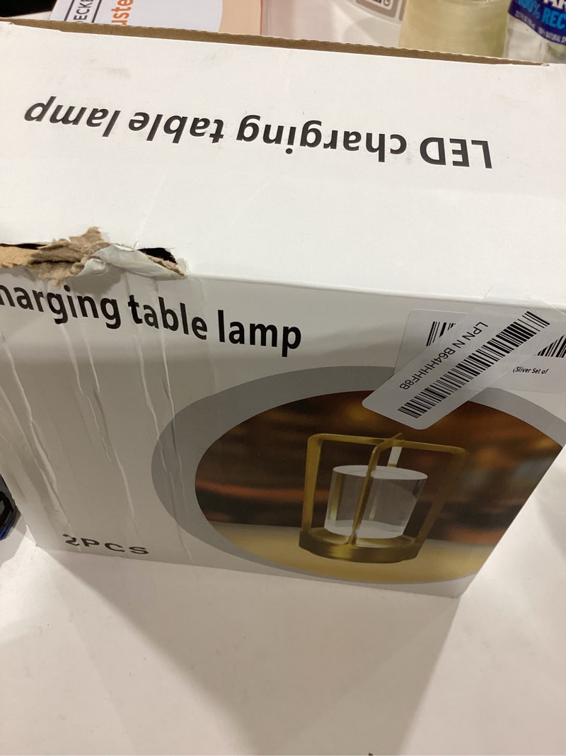 Condition photo showing Good Condition for Portable Metal Table Lamp for Indoor/Outdoor ,Rechargeable Cordless LED Lamp, 3-Colour Infinitely Dimming Battery Powered Small Desk Lamp, Restaurant/Bedroom/Bar/Coffee/Camping Light (Sliver Set of 2)