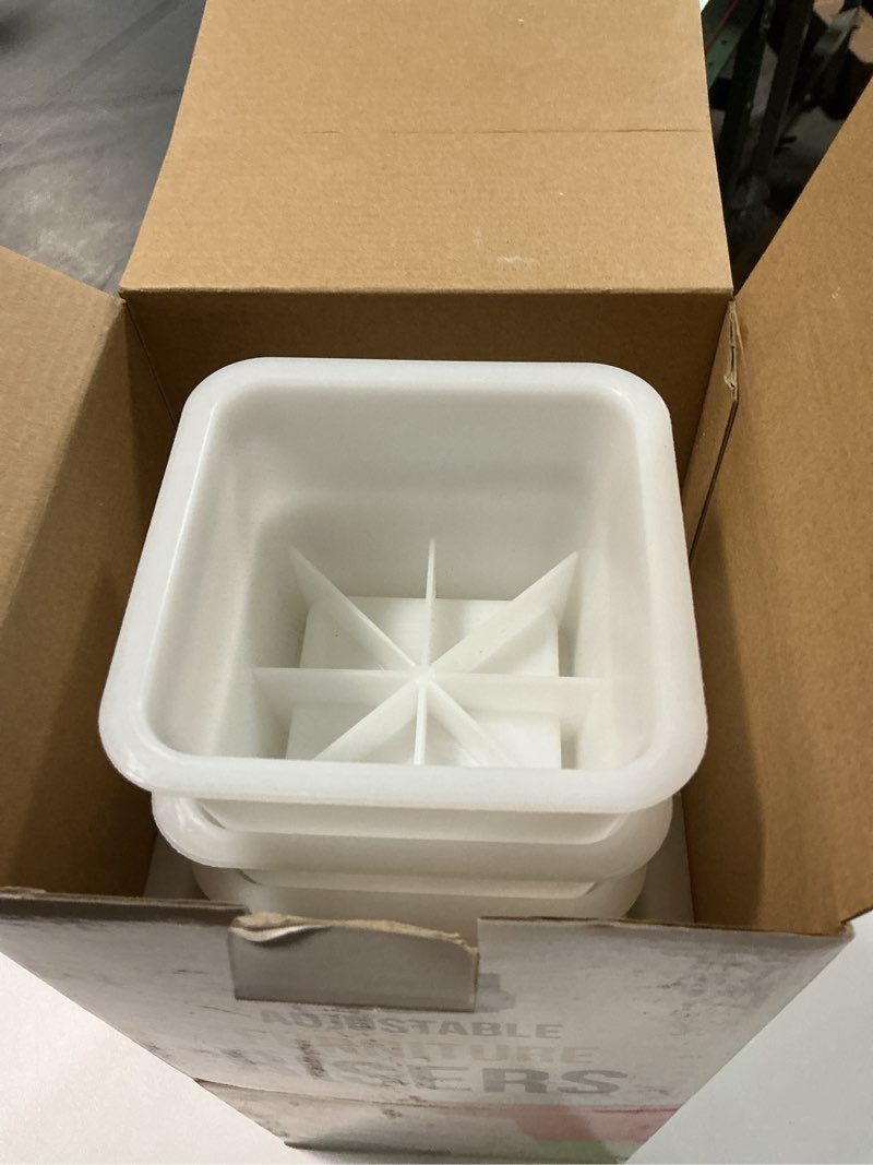 Condition photo showing Good Condition for Utopia Bedding Adjustable Bed Furniture Risers - Elevation in Heights 3, 5 or 8 Inch Heavy Duty Risers for Beds and Under Bed Storage - Supports up to 1,300 lbs - (Set of 4 Riser, White) White 1