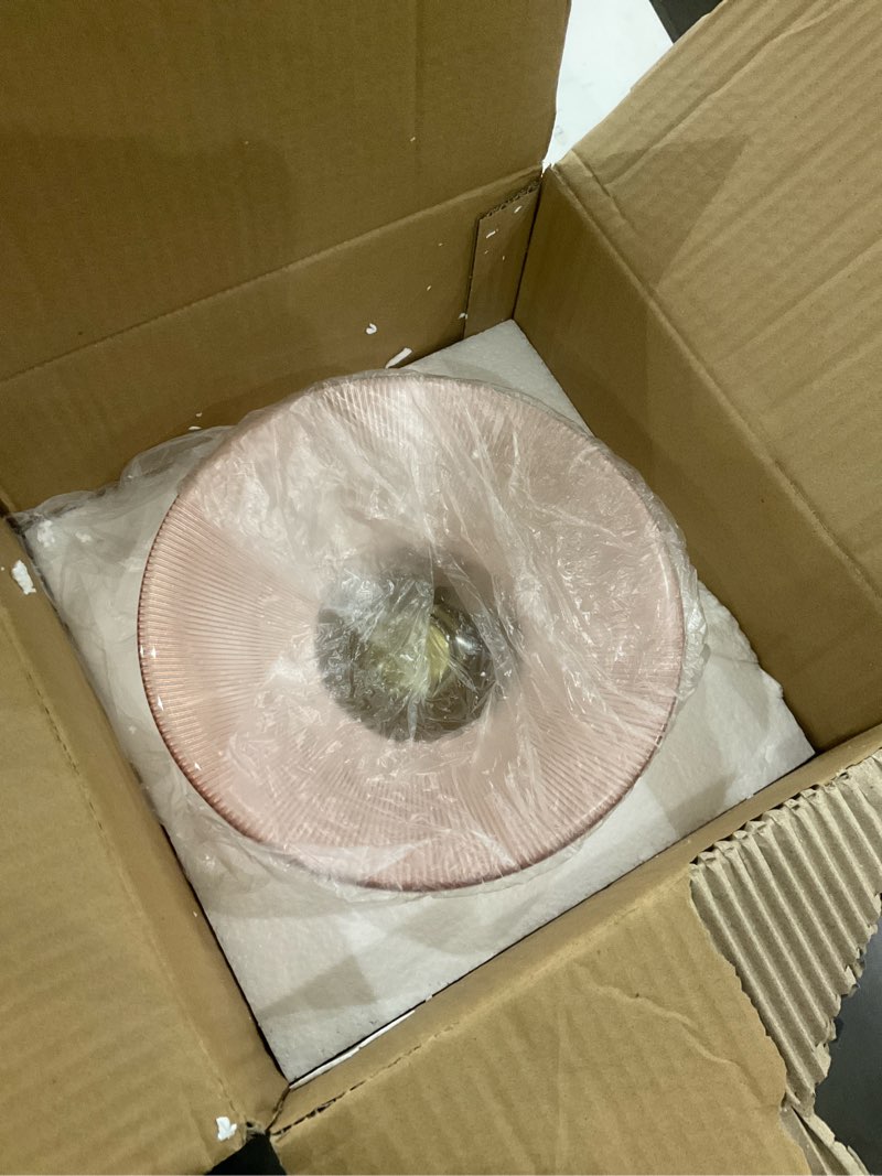 Condition photo showing New/Like New for Tapered Glass Decorative Bowl (Pink), 9.8 Inches Handblown Striped Design Fruit Bowl with Rust-Resistant Metal Base for Home Decor, Table Centerpiece, Kitchen Island and Dining Decor