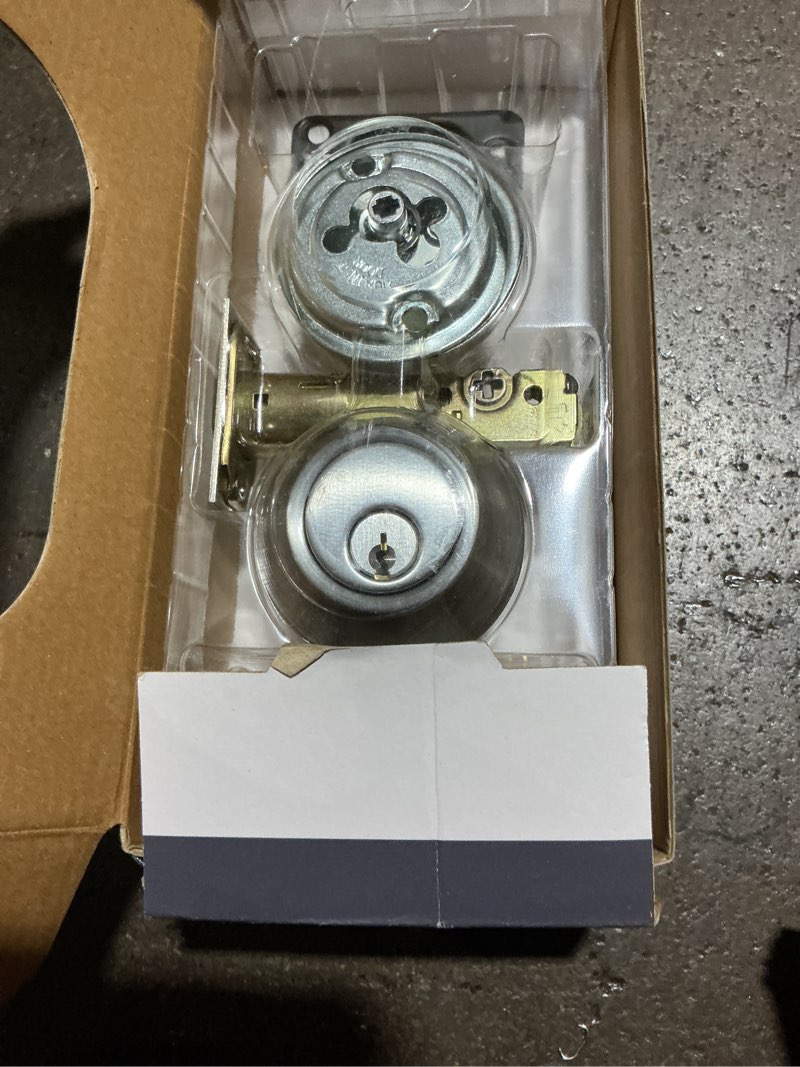 Condition photo showing Good Condition for possibly missing some hardware universal hardware industrial duty commercial single cylinder deadbolt, ul 3-hour fire ansi grade 1, satin chrome finish