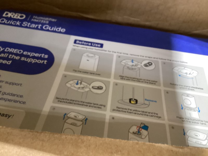 Condition photo showing Good Condition for DREO HM735S 11L Smart Humidifier Large Room 700 ft², 100H Cool Mist Air Humidifiers for Bedroom, Top-Fill, Clean Tank Technology, 26dB, Auto Mode, Aroma Box, RGB, Remote & APP Control, Baby, White