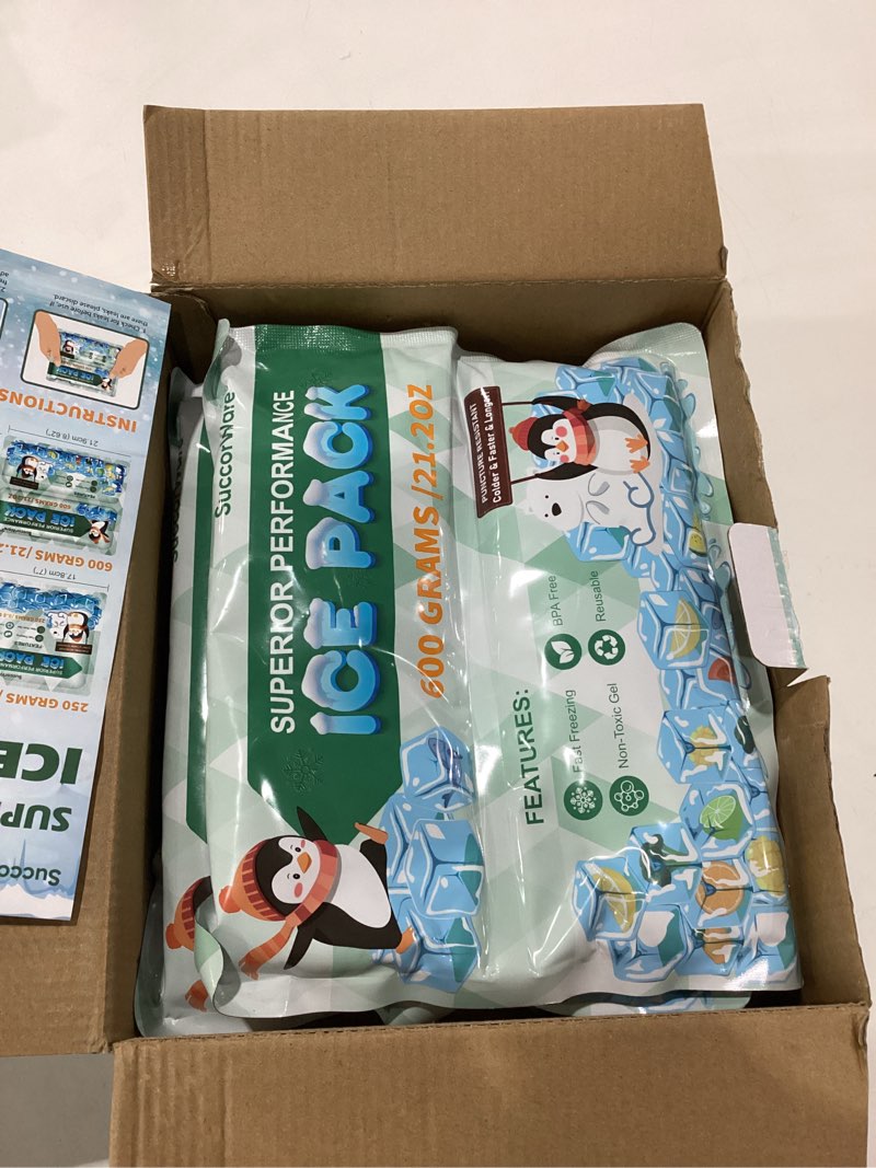 Condition photo showing New/Like New for 5 packs reusable ice packs for lunch boxes - 12+ hour cooling ice gel pack for camping, beach, office - ice packs for cooler bag, cooler backpacks 600 grams
