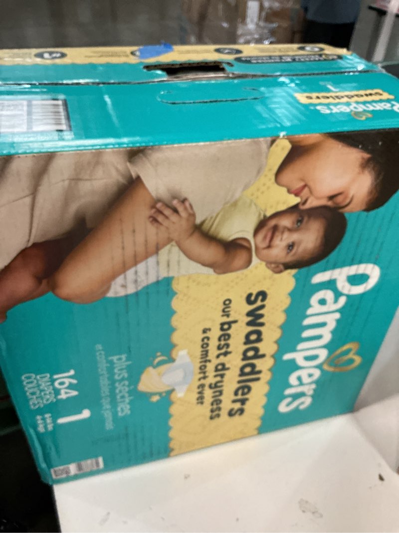Condition photo showing New/Like New for pampers swaddlers diapers, size 1 (8-14 lbs), 164 count, absorbent, keeps baby dry and comfortable, skin safe disposable baby diaper size 1 164