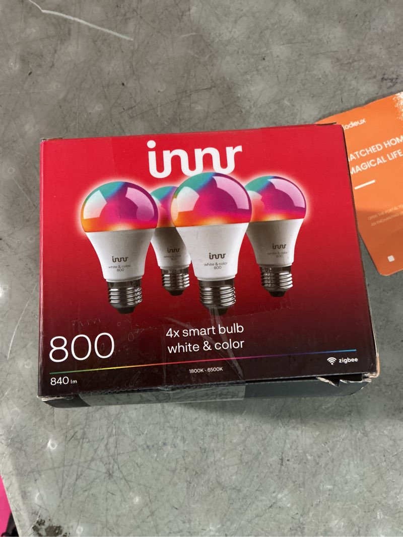 Condition photo showing New/Like New for innr zigbee a19 smart bulb, works with hue*, alexa, smartthings (hub required), white & color, e26 led bulb, color changing light bulb, up to 16 million colors, dimmable, 840 lumen, 4-pack white & color - 840 lm 4 pack