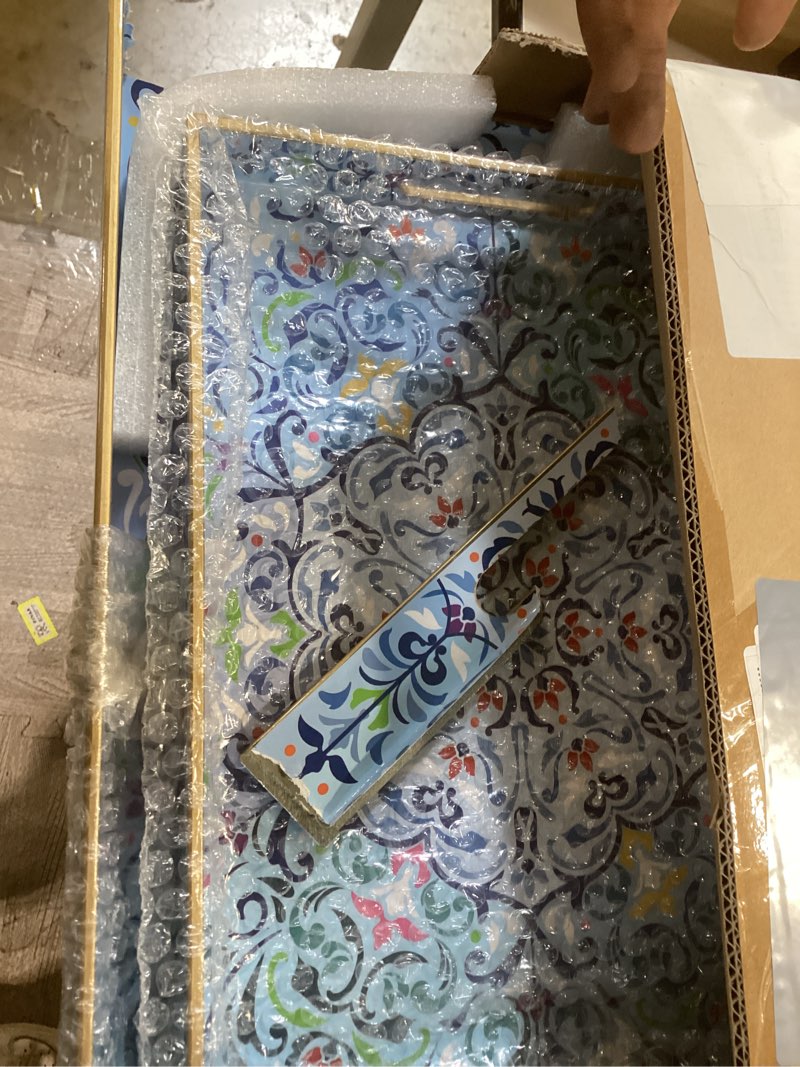 Condition photo showing As Is for hiceeden set of 2 boho floral serving tray with handles, 15.7" x 11.8" decorative plastic ottoman tray, modern large coffee table server for living room, bathroom, kitchen, rectangle, blue