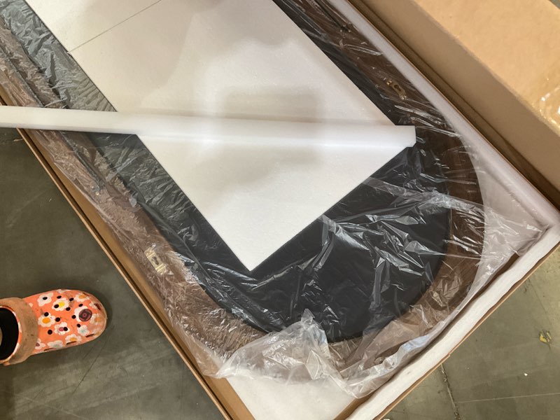 Condition photo showing As Is for arched full length mirror with solid wood frame, 71x32 farmhouse wall mounted floor mirror with stand, vertical hanging, leaning standing for bedroom, living room, brown rustic brown 71"l x 32"w