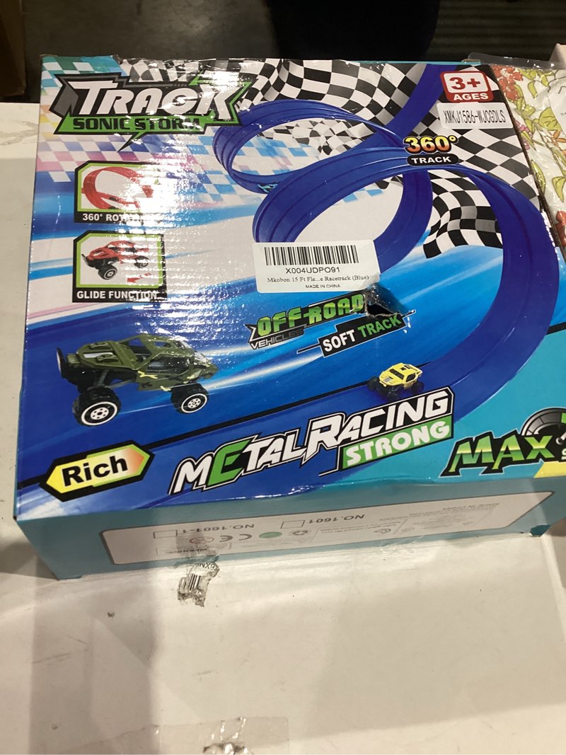 Condition photo showing New/Like New for 16 Ft Flexible Car Race Track, Flex Ramp with 12 Suction Cups, Compatible with Hot Wheels and Diecast 1/64th Cars, Double Tracks Long Rolls Up Portable Racetrack (Blue)