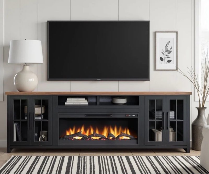 Rustic electric fireplace tv stand with glass door cabinets SIMILAR TO STOCK IMAGE 