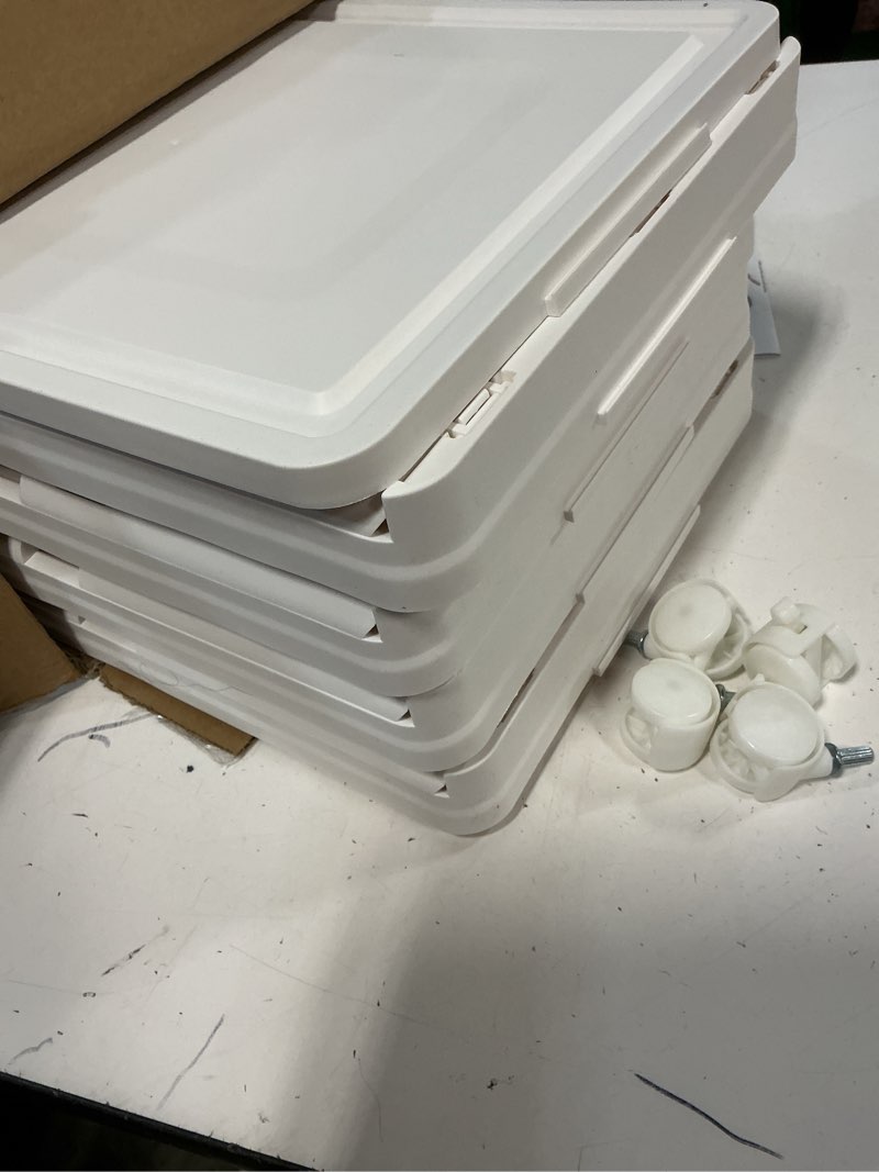 Condition photo showing As Is for 4 tier storage bins with lids, 23qt stackable closet organizers and storage with wheels, collapsible storage boxes, foldable plastic storage containers for home,office, dorm room-white white tier 4