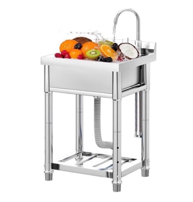 Commercial Stainless Steel Kitchen Freestanding Sink, Single Bowl Universal Sink with Faucet, Suitable for Restaurants, Farms, Laundry Rooms and Outdoors