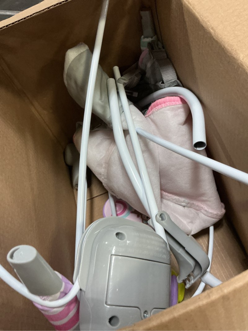 Condition photo showing As Is for bright starts pink paradise portable baby bouncer with vibrating infant seat and -toy bar, max weight 20 lbs., age 0-6 months