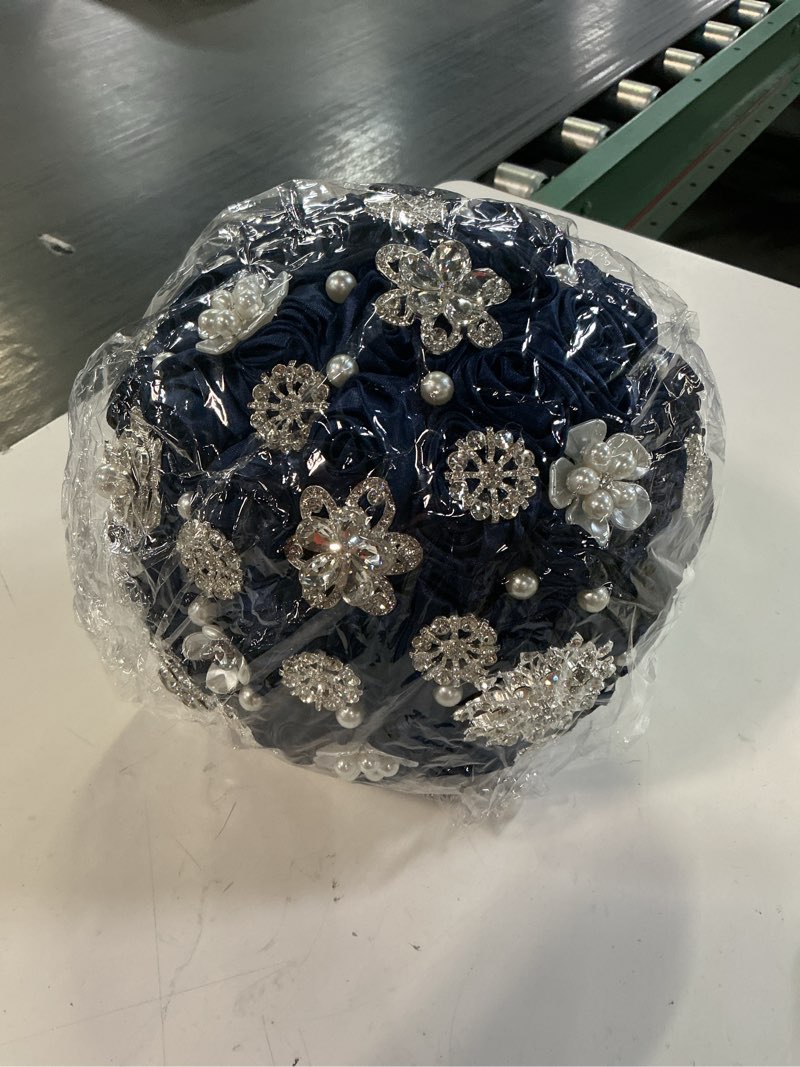 Condition photo showing New/Like New for bridal wedding bouquet round bling brooch bouquet artificial rose flower bunch for bride bridesmaid wedding quinceanera(navy blue, 8.7") navy blue* medium (dia. 8.7"/22cm)