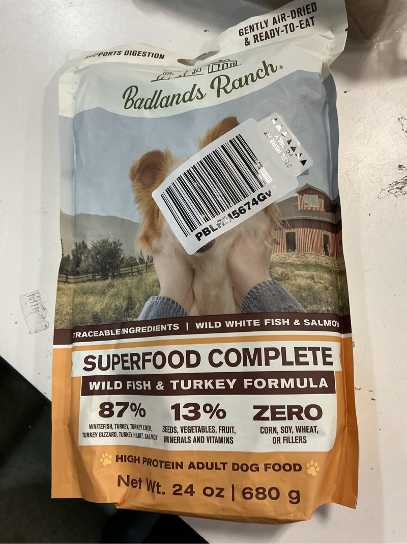 Condition photo showing Good Condition for (Best by 02-26-2027) BADLANDS RANCH by Katherine Heigl – Superfood Complete Air-Dried Wild Fish & Turkey Dog Food – High Protein with Superfoods for Daily Wellness & Consistent Nutrition – 24 oz Fish & Turkey 24 Ounce (Pack of 1)