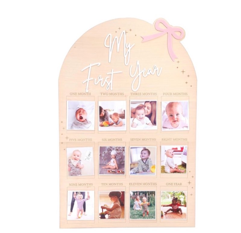 wauao bow my first year birthday board - one year of photo board,monthly milestone wood photo board,