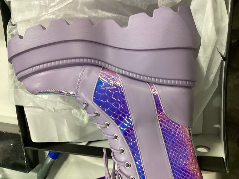 Condition photo showing New/Like New for cape robbin radio women's holographic platform ankle boots, chunky block heel (radio) 7 black