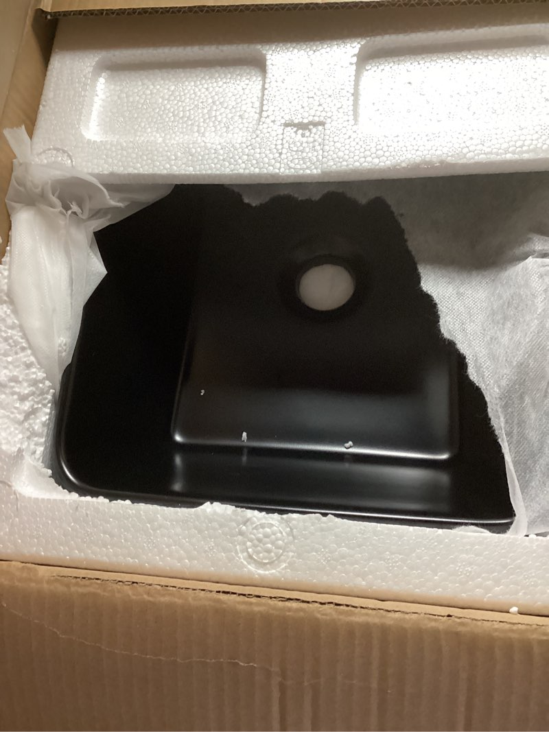 Condition photo showing As Is for Black Ceramic Vessel Sink with Faucet and Drain Combo -Bokaiya 16x12 Matte Black Vessel Sink Rectangle Above Counter Porcelain Ceramic Rv Bathroom Vessel Sink Art Basin 16" L x 12" W Matte Black