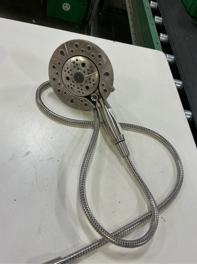 Condition photo showing As Is for delta in2ition 2-in-1 dual shower head with handheld - 4 settings, brushed nickel, hose included — wall-mount, standard ½" shower-arm connection