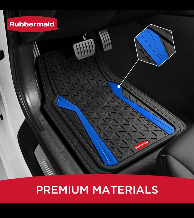 rubbermaid car floor mats full set, premium heavy duty all-weather car mats– rugged rubber with brushed aluminum inserts, universal trim-to-fit, anti-slip backing for cars, suvs, trucks & vans - blue