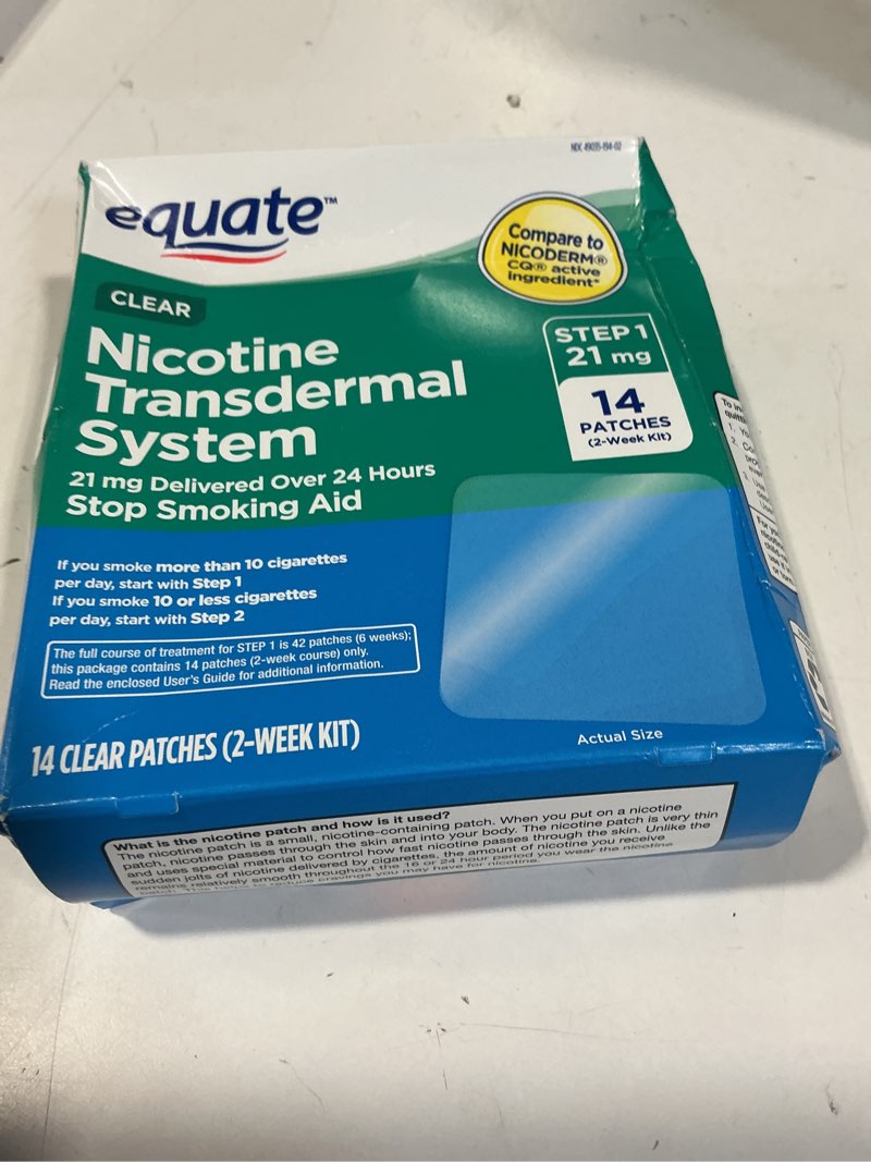 Condition photo showing Good Condition for equate nicotine transdermal patch step 1, 21 mg, 14 count – stop smoking aid, clear patch, compare to nicoderm® cq®
