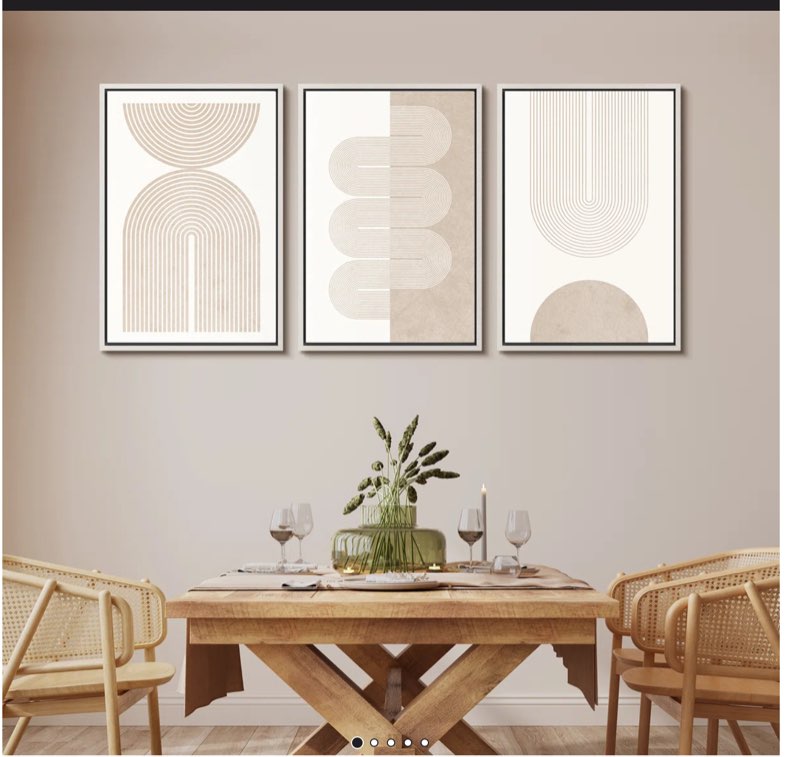 mid century modern boho duotone beige abstract shape framed canvas 3 pieces print wall art neutral decor 24” x 36” inch 