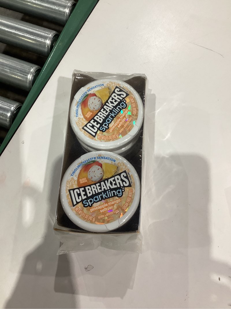Condition photo showing New/Like New for ICE BREAKERS Sparkling Pineapple Mango Seltzer Sugar Free Mints Tins, 1.5 oz (8 Count) Pineapple Mango 1.5 Ounce (Pack of 8)