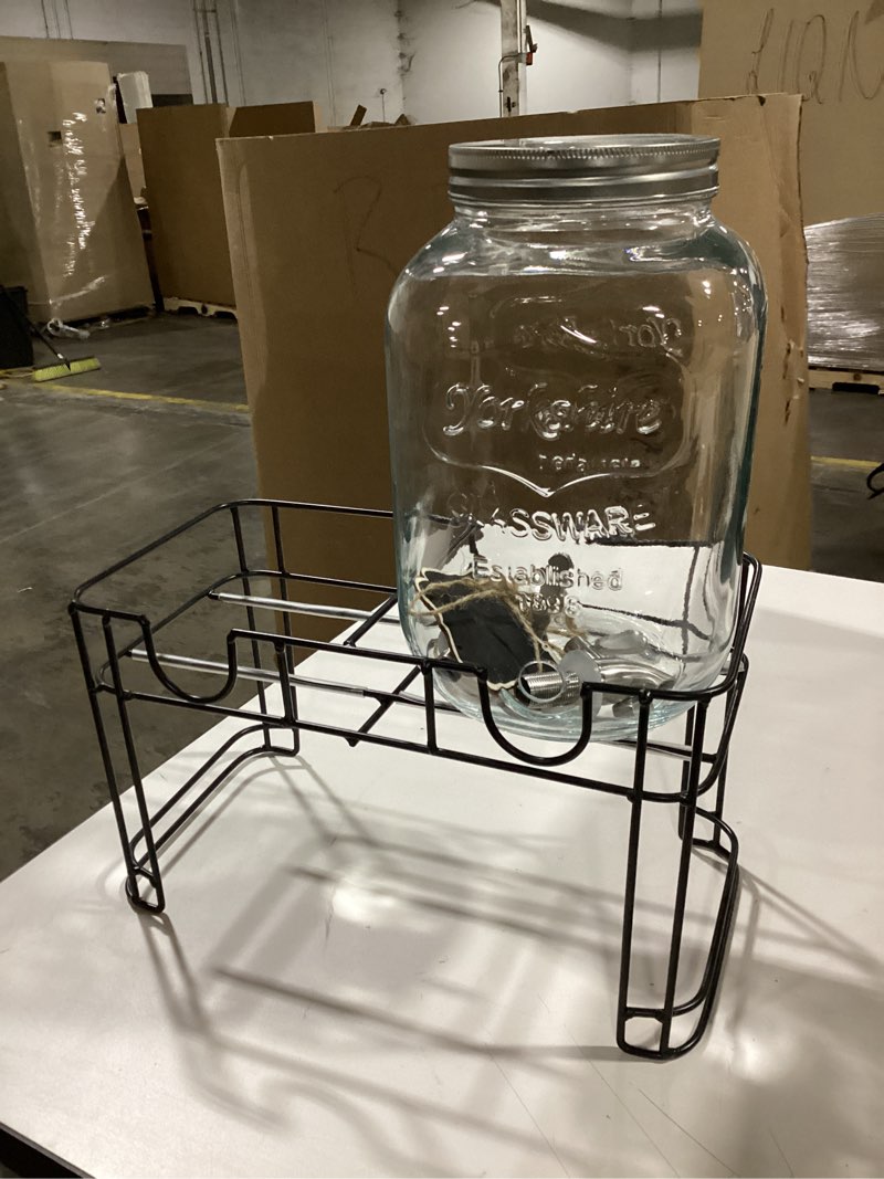 Condition photo showing As Is for (MISSING PART)mustry Glass Drink Dispenser for Parties, 1 Gallon Beverage Dispenser with Stand and Spigot Solid Stainless Steel, Used as Lemonade Dispenser Sun Tea Jar Kombucha Jar, Set of 2 Double, with Stand
