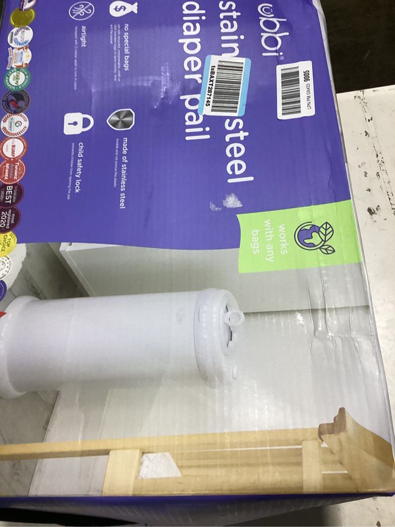 Condition photo showing Good Condition for ubbi steel diaper pail, odor locking, no special bag required, award-winning, registry must-have, white