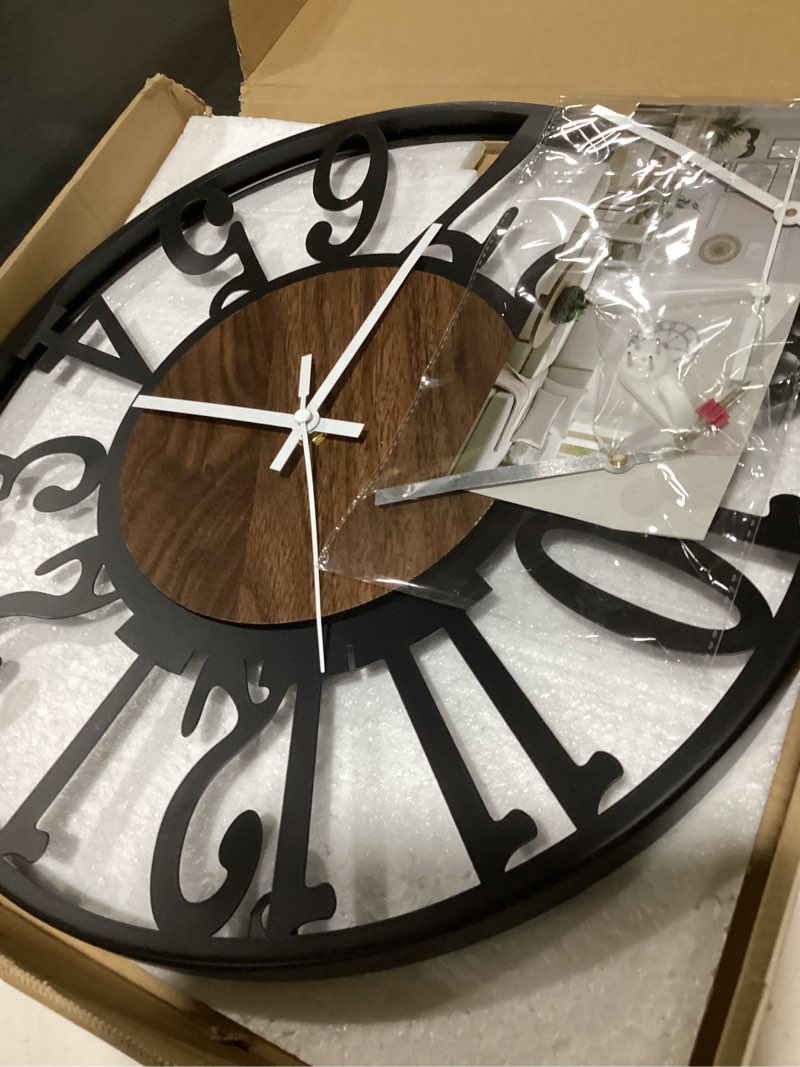 Condition photo showing As Is for Maxstar Round Wall Clock for Living Room Decor Battery Operated Non Ticking Black Metal Wood Clocks for Home Living Room Garden Office Kitchen Decoration -16 inch Black-arabic Numerals 16 Inch