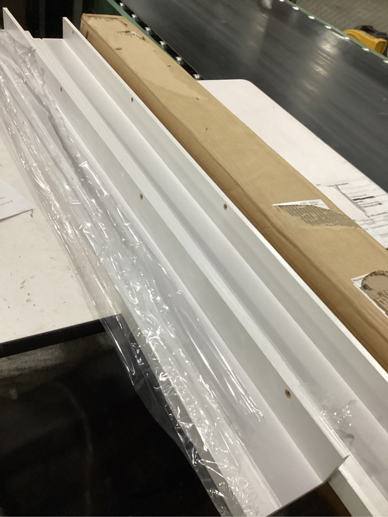 Condition photo showing As Is for muzilife 35.4" large floating wall ledge shelves with lip - set of 2 wood floating shelves - white wall mounted picture ledge for office, bathroom, bedroom, living room, kitchen white 35.4"