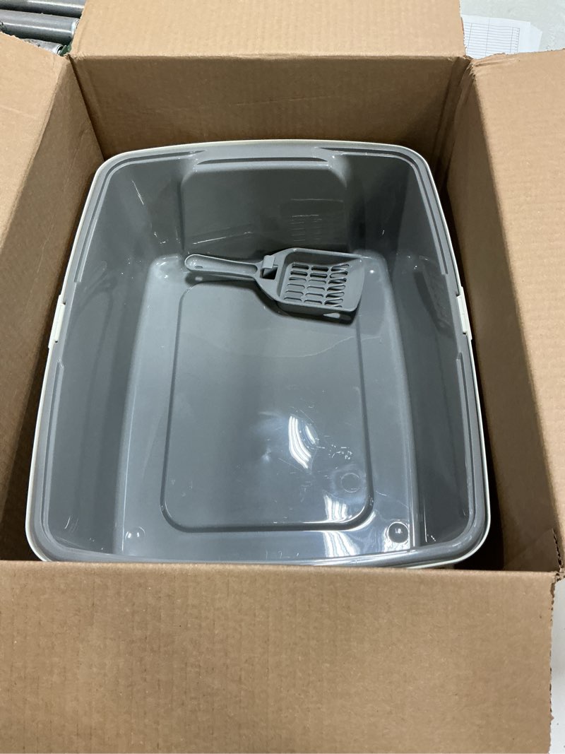 Condition photo showing Good Condition for amazon basics large cat litter box with high sides, open top for easy access, includes scoop with storage, 19" x 15" x 11.75", grey/beige grey/beige open top