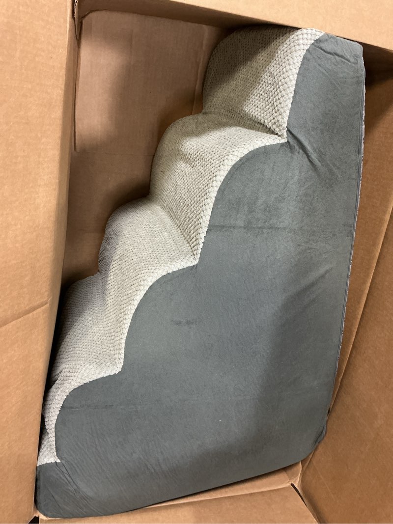 Condition photo showing Good Condition for dog stairs for bed 28.7”h, 5-step dog ramp, non-slip sturdy pet steps for small dogs & cats to get on high bed or couches, grey