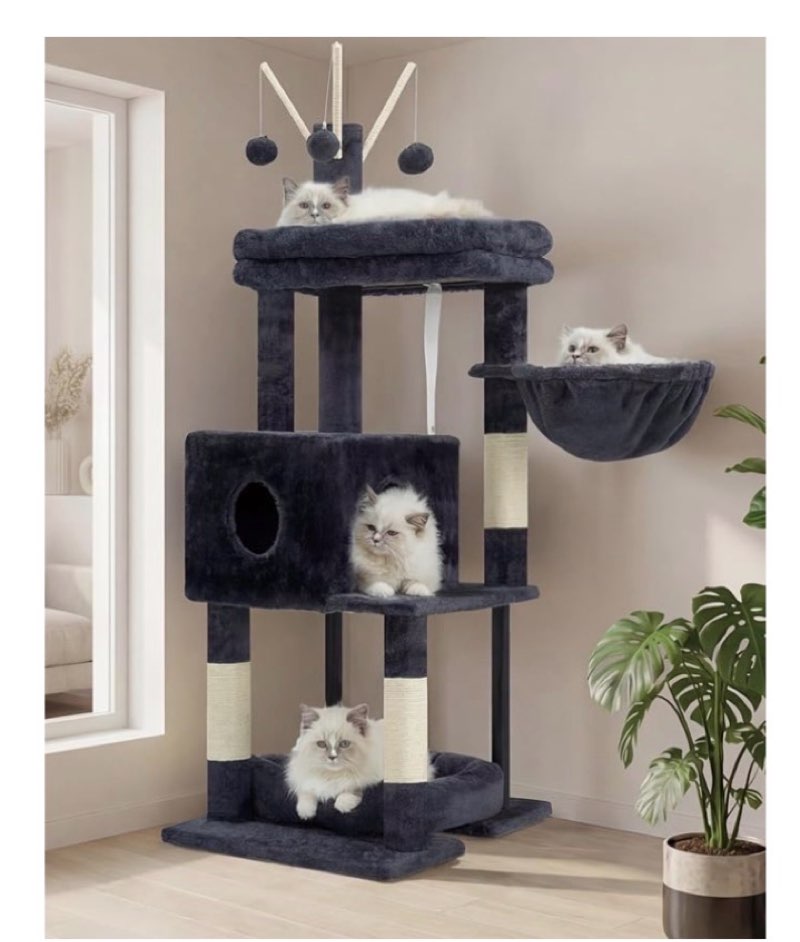 heybly cat tree, 45.3-inch cat tower for indoor cats with large perch, all-in-one cat furniture with cozy bed, hidden space cat condo, comfy hammock, scratching posts & 3 pompoms, smoky gray hct202sg