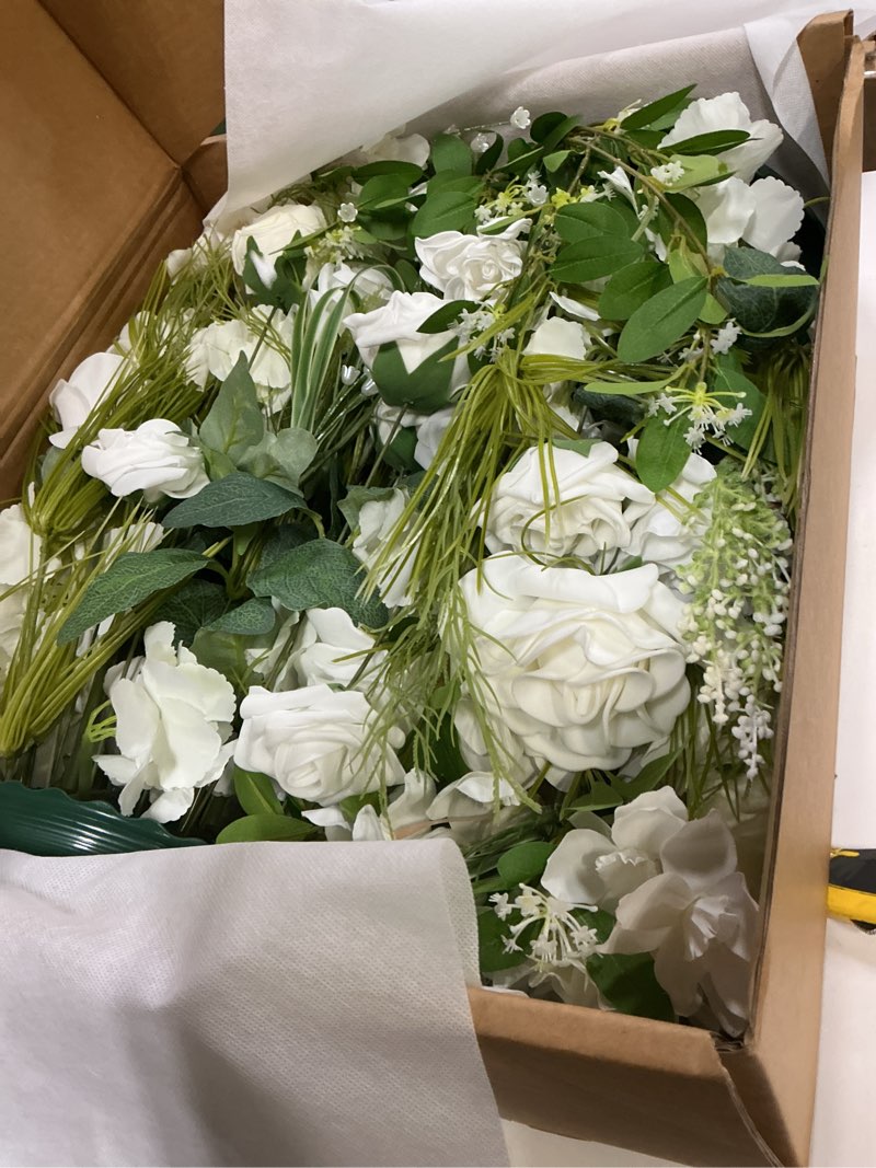 Condition photo showing Good Condition for Ling's moment 41.0" Tall Free-Standing Wedding Aisle Artificial Flowers for Ceremony Decor, 2PCS White Walkway Floral Chair Markers, Faux Rose Altar Arch Arrangement Spring Decorations Outdoor Wht-white & Lily & Olive 41" Tall x 22" Cross