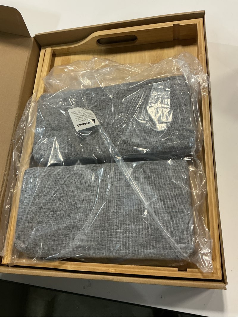 Condition photo showing Good Condition for Breakfast in Bed Tray Lap Desk | Ergonomic Bamboo Bed Table Tray for Work, Rest | Comfortable Bed Desk w/Foldable Legs, Phone Holder, Cushions, Anti-Spill Edges | Adjustable Laptop Table/Lap Tray