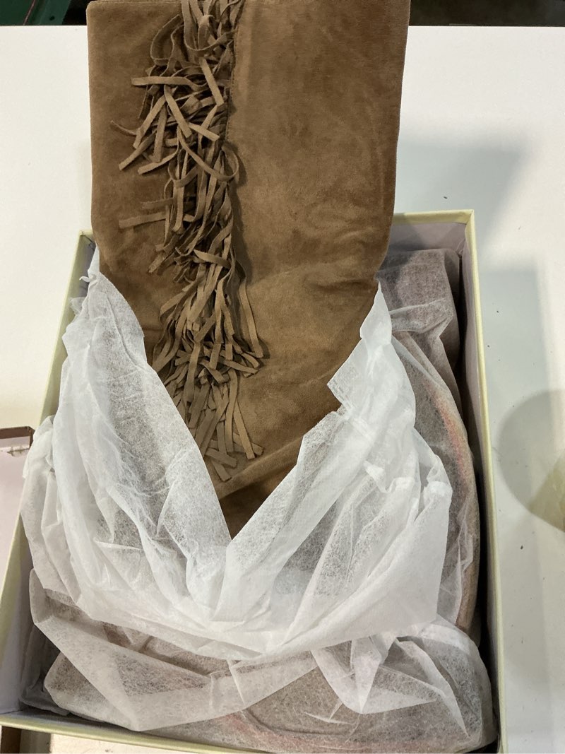 Condition photo showing Good Condition for size 8 kistania women's knee high riding boots with fringes buckle straps chunky heel square toe fold-over 8 sandy brown