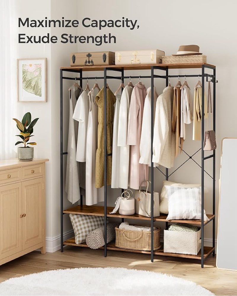 Item incomplete)))))))Store SONGMICS Clothes Rack, Iron and Wood Wardrobe Closet Organizer, Heavy Duty Garment Rack with Hanging Rods, Closet Shelves, Removable Hooks, 15.7 x 55.5 x 70.9 Inches, Rustic Brown URGR005B01)