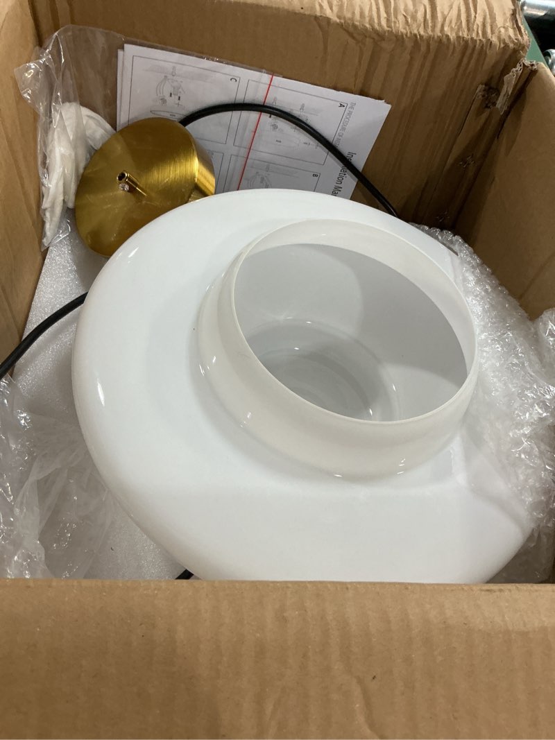 Condition photo showing As Is for milk glass pendant light: mid century modern gold brass pendant light fixture dining table bedroom - height adjustable white glass shade hanging lamp for kitchen island