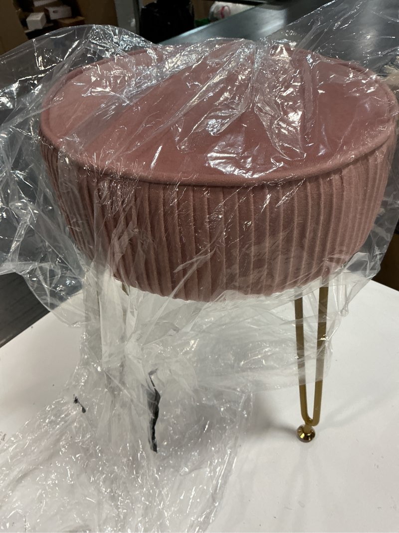 Condition photo showing Good Condition for ibuyke velvet round footrest ottoman, makeup vanity stool side table, velvet dressing table seat, pouf couch stool, golden steel legs, pink lg-30p without storage pink
