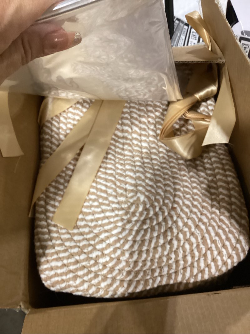 Condition photo showing Good Condition for 5 pack decorative small storage baskets for shelves, cotton rope woven basket for organizing bathroom, nursery, closet, cabinet, toys & socks, gift baskets empty, 11.8"x7.9"x4.7", khaki