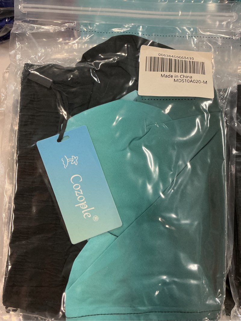 Condition photo showing New/Like New for cozople m bathing suit 7 inch inseam swim trunks with compression liner bathing suit boxer brief lined swimsuit anti chafe black blue gradient board shorts m