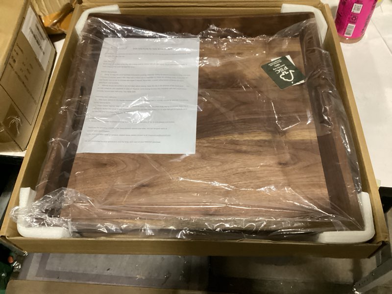 Condition photo showing New/Like New for 19 x 19 inches large square curved black walnut wood ottoman tray with handles, serve tea, coffee classic wooden decorative serving tray