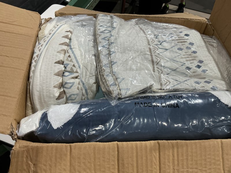Condition photo showing As Is for madison park boho comforter set king size,seersucker southwestern farmhouse king size comforters, diamond printed reverse, all season microfiber fluffy bedding set, king/cal king, taupe/blue 5 pieces taupe/blue king/cal king