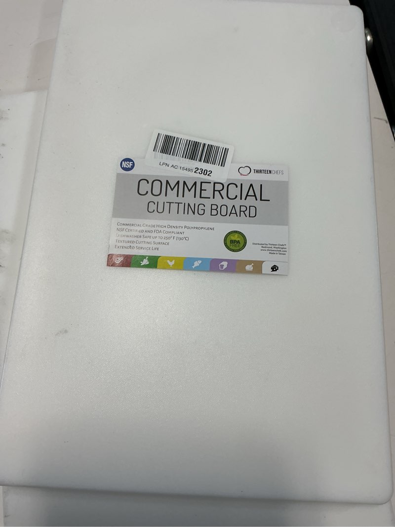 Condition photo showing As Is for commercial grade plastic cutting board 18 x 12 x 1/2 thick high density white poly, nsf certified and dishwasher safe for food service