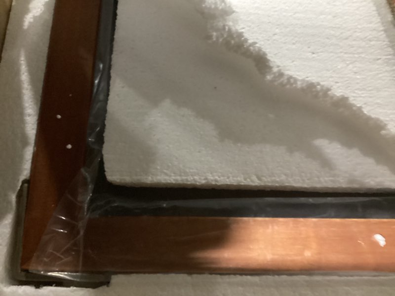 Condition photo showing New/Like New for vocalstar rustic wood framed mirror 24 x 32 inch, natural dark brown wooden rectangle bathroom vanity wall mirror for farmhouse boho decor, 1/4-inch shatterproof glass | waterproof walnut wood 32"l x 24"w