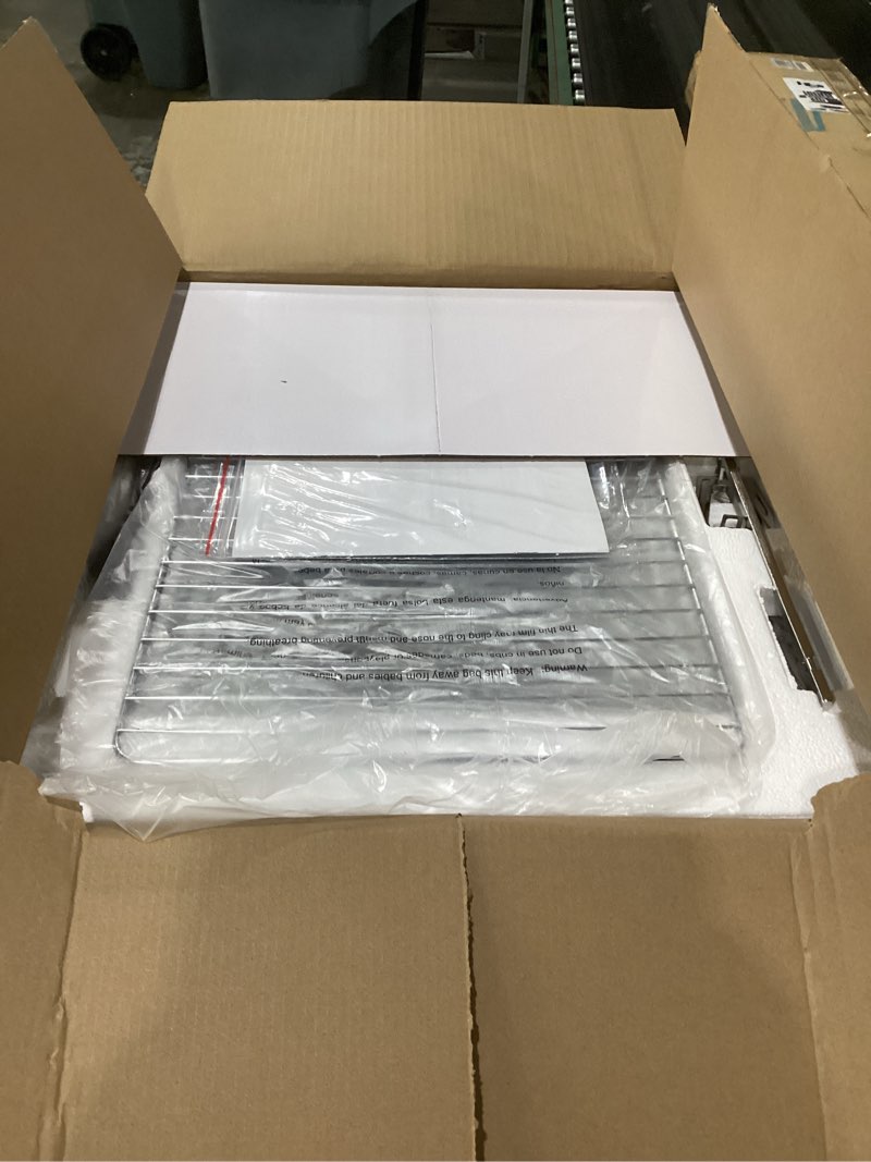 Condition photo showing New/Like New for hotking dual-zone air fryer toaster oven combo, 28 qt extra large, non toxic stainless steel convection oven with french door, countertop airfryer with window, racks, rotisserie, dehydrator, etl rated 28 quart