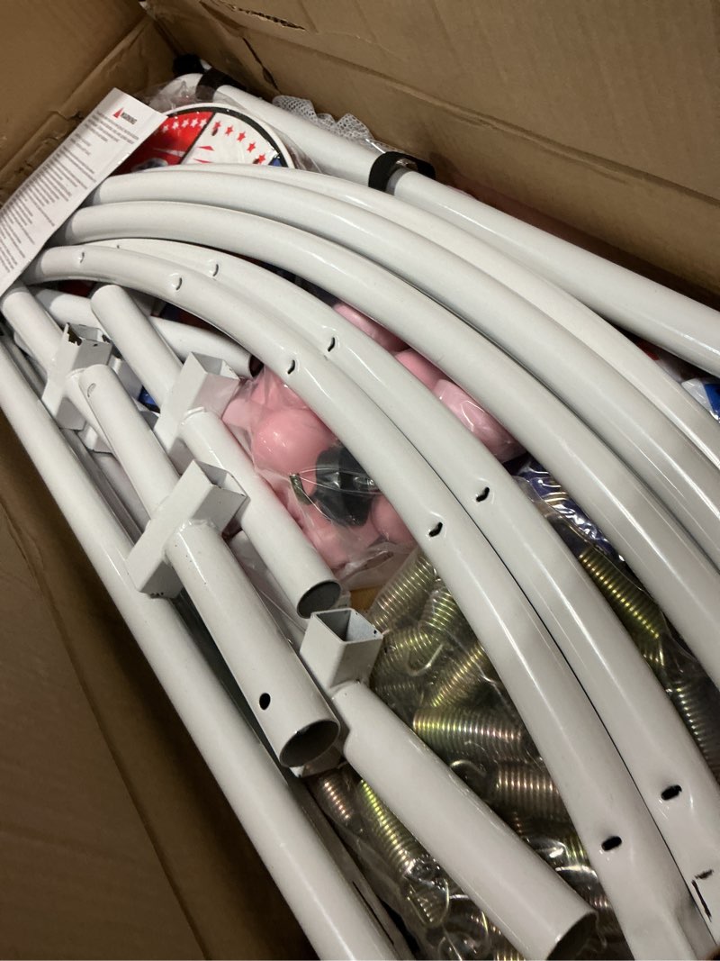 Condition photo showing Good Condition for LANGXUN 60" Trampoline for Kids, 5ft Toddler Mini 6-in-1 Trampoline Indoor Outdoor with Swing, Basketball Hoop, Dart Board, Rings, Christmas Toys Birthday Gifts for Girls Boys Purple&Pink 3- in-1