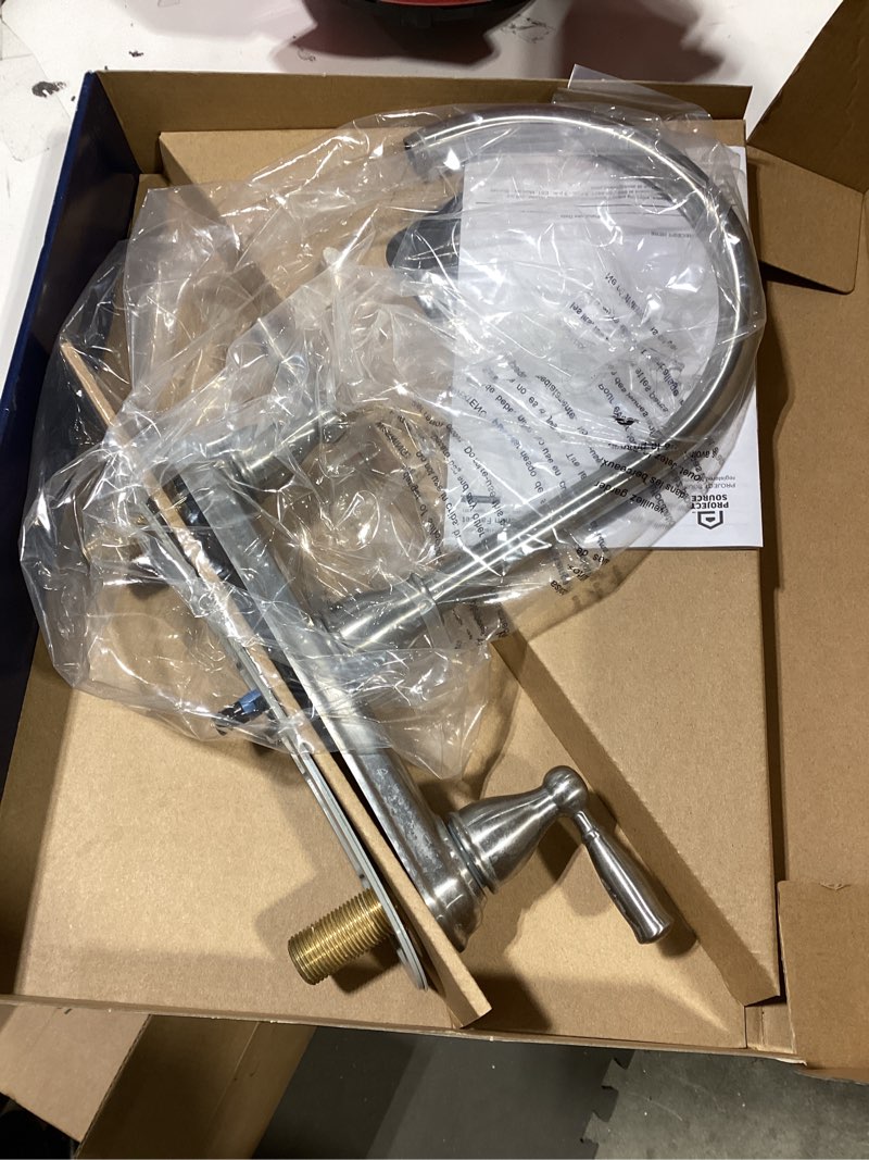 Condition photo showing Good Condition for project source brice stainless steel double handle kitchen faucet (deck plate and side spray included)