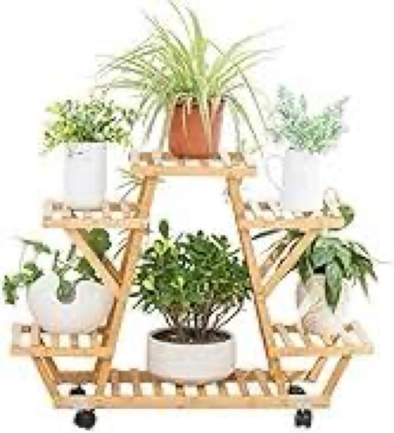COPREE Bamboo 4 Tiers Plant Stands, Planter Pot Holder Shelf, Indoor Outdoor Flower Display Organizer Storage Rack, Heavy Duty Planter Shelving Unit 4 Pots display