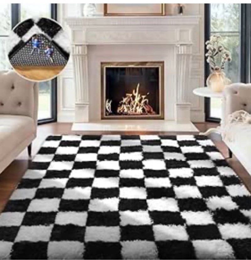 ophanie checkered black & white rug for living room bedroom, fluffy soft cute fuzzy area rugs, shag 